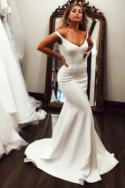 V-Neck Off the Shoulder Mermaid Long Ivory Wedding Dress