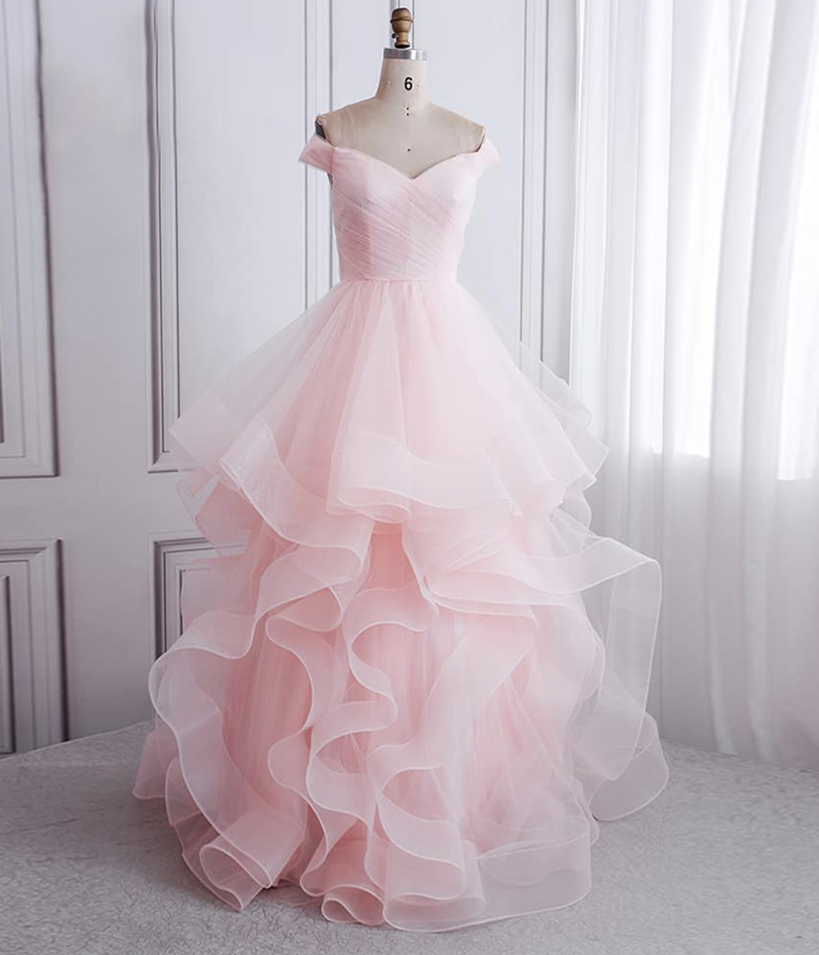 Pink tulle long prom gown evening dress