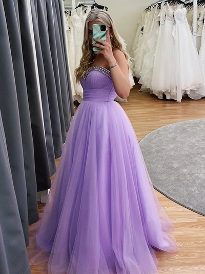 Sweetheart Neck Beaded Long Purple Prom Dresses, Lavender Formal Dresses, Lilace Evening Dresses $179.99