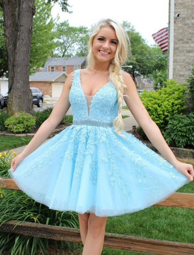 Charming A-Line V Neck Open Back Light Blue Lace Short Homecoming Dresses,Red Prom Dresses Short,Back to School Dresses,Junior Dresses