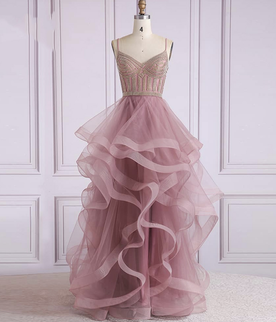 A line tulle beads long prom dress formal dress