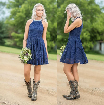 Country High Neck Short Lace Bridesmaid Dresses