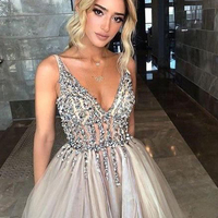 Cute A Line V Neck Beading Grey Split Prom Dresses - Thumbnail 1