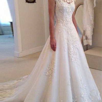 Elegant a line scoop neck lace wedding dresses with button - Thumbnail 3