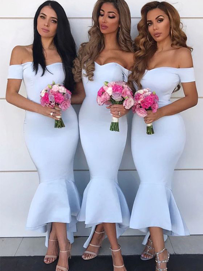 Simple Elegant Sheath Sweetheart Light Blue Satin Long Bridesmaid Dresses