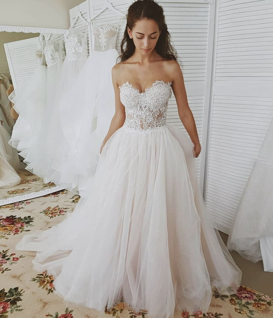 A line tulle lace long prom dress formal dress