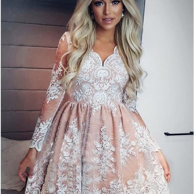 A-line cut out champagne lace homecoming dress with long sleeves - Thumbnail 4
