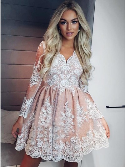 A-line Cut Out Champagne Lace Homecoming Dress with Long Sleeves