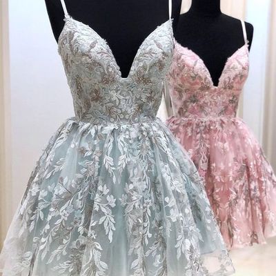 Cute a line v neck blush lace homecoming dresses - Thumbnail 4