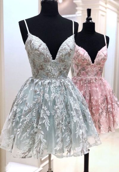 Cute A Line V Neck Blush Lace Homecoming Dresses