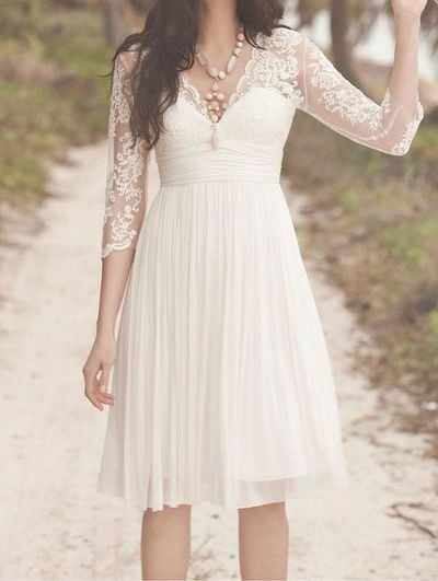 Knee length Long Sleeve V-neckline Vintage Lace Wedding Dress,516