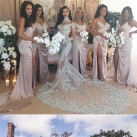 Sexy Slit Soft Satin Bridesmaid Dress, Pleated V-Neck Spaghetti Straps Bridesmaid Dress,518 - Thumbnail 1