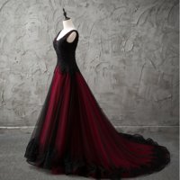 Gothic V-Neck Sleeveless Black and Red Wedding Dresses Lace Appliques Beading Country Chic Wedding Dresses Low Back Colored Wedding Gowns,521 - Thumbnail 2