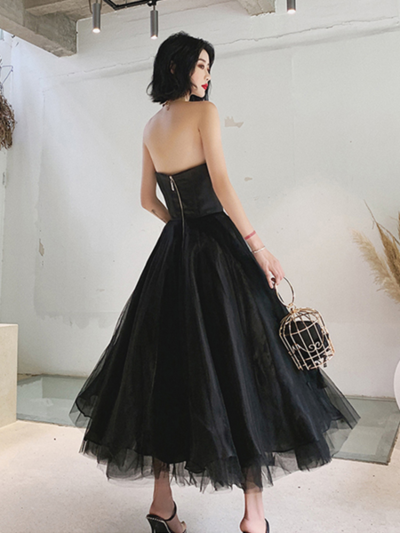 Cute & Sweet A Line Strapless Black Satin Tulle Tea Length With Pockets