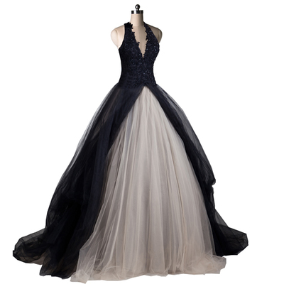 Black and light champagne lace and tulle halter neck beaded wedding dress,524