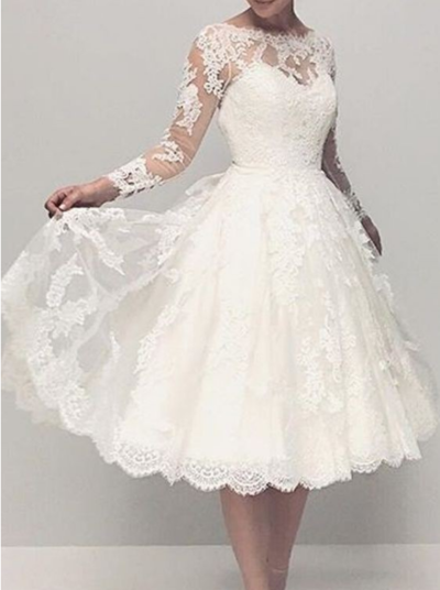 Tea Length Long Sleeve Lace Wedding Dress,Informal Modest Short Wedding Dress,528