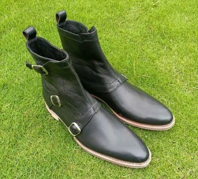 New Handmade Black Leather Three Monk Strap Ankle Boot for Men's