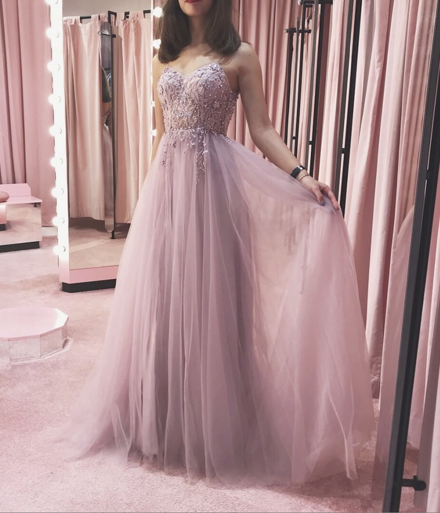 Pink tulle beads long prom dress evening dress