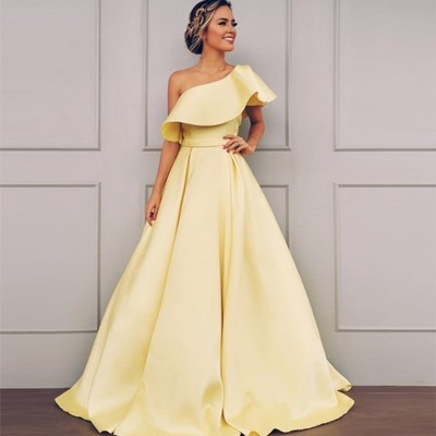 A Line One Shoulder Sweep Train Yellow Prom Dress With Ruched