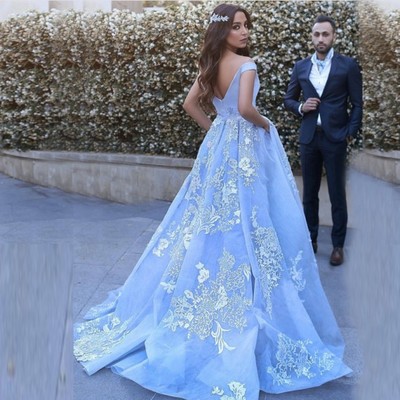 Ball Gown Off-the-Shoulder Sweep Train Blue Prom Dress with Pockets Appliques
