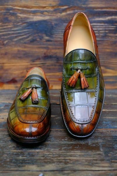 Crocodile Leather Men's Handmade Multi color patina hand finish Loafers shoes