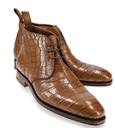 Men's Handmade Alligator Brown Leather Chukka Boots, Crocodile Imprint Leather boots