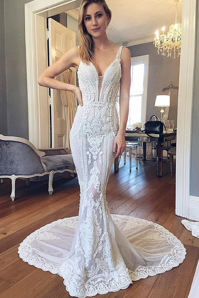 Mermaid Deep V-Neck Court Train Ivory Lace Wedding Dress with Appliques