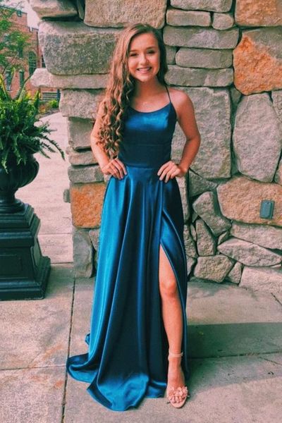 Cute A Line Scoop Neck Split Satin Long Prom Dresses, Cross Back Evening Dresses