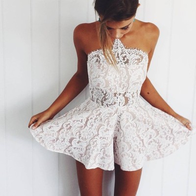 White lace short dress, summer dress, cute white lace homecoming dress,529