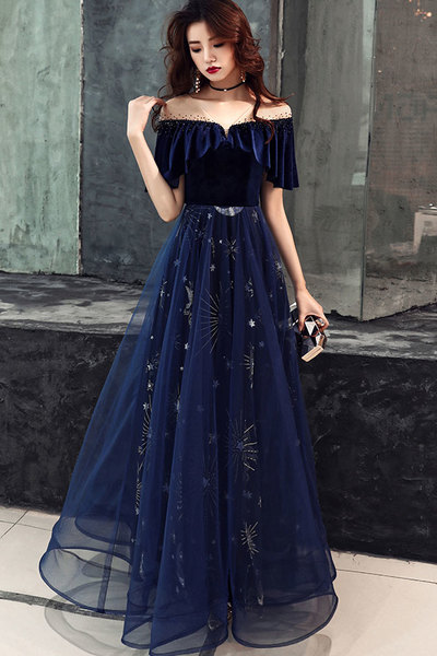 Dark blue tulle lace long prom dress, blue evening dress,pretty homecoming dresses,long prom dresses,532