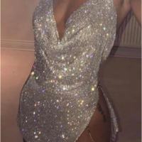 Sexy Silver Spaghetti straps Sequins Two Pieces Homecoming Dress, Backless Shinning Cocktail Dresses,533 - Thumbnail 1