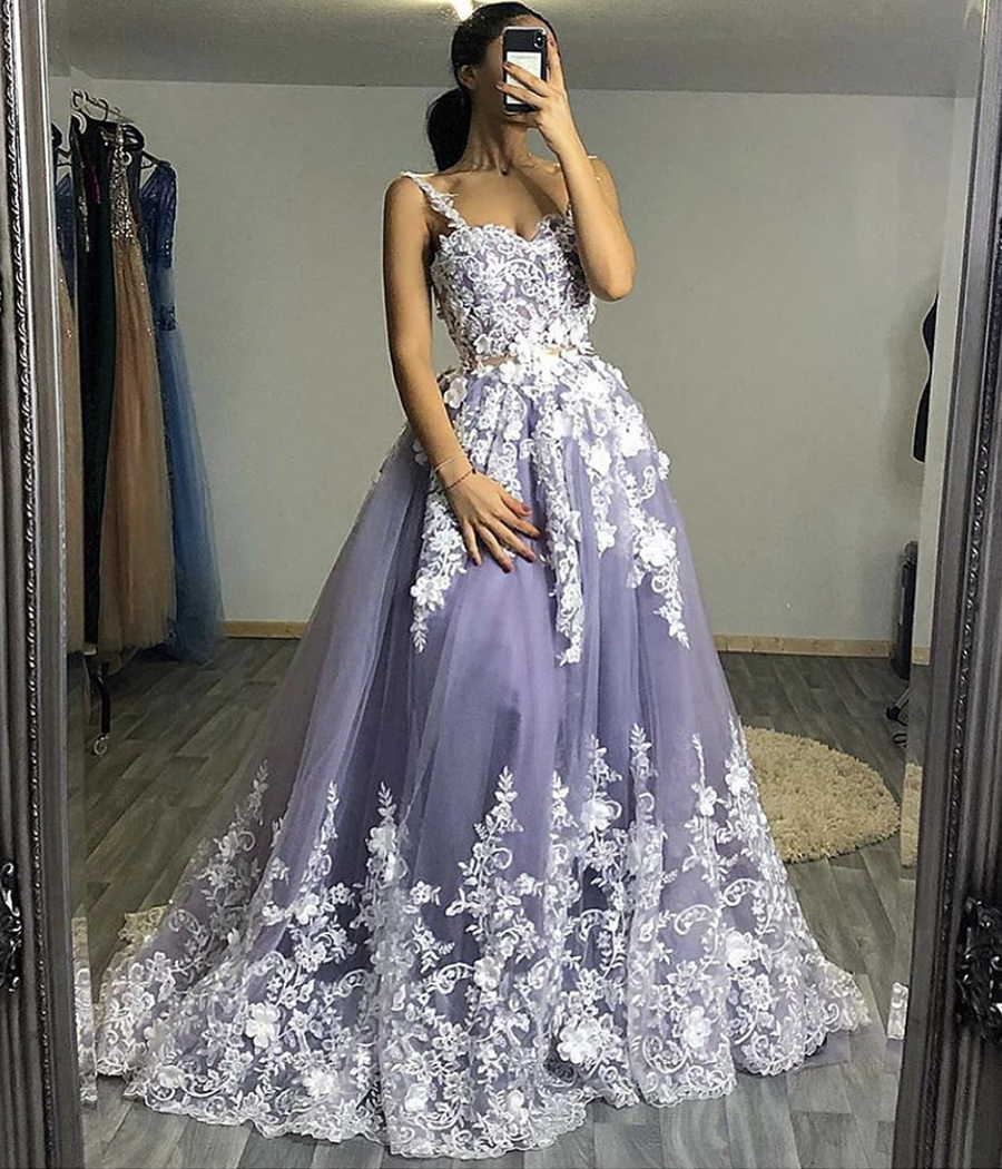 Purple lace long prom gown formal dress