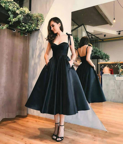 Cute black satin short prom dress, homecoming dress,black prom dresses,tea length party dresses,cheap short dress,539