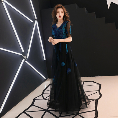 Black v neck tulle lace long prom dress, lace evening dress,half sleeves evening dresses,,540