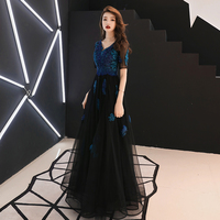 Black v neck tulle lace long prom dress, lace evening dress,half sleeves evening dresses,,540 - Thumbnail 1