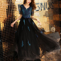 Black v neck tulle lace long prom dress, lace evening dress,half sleeves evening dresses,,540 - Thumbnail 2