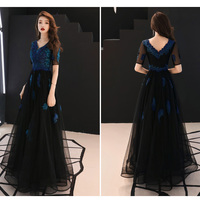 Black v neck tulle lace long prom dress, lace evening dress,half sleeves evening dresses,,540 - Thumbnail 4
