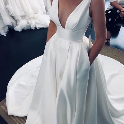 Gorgeous ball gown v neck satin wedding dresses - Thumbnail 3