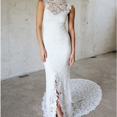 Generous high neck split lace tight cut out wedding dress - Thumbnail 4