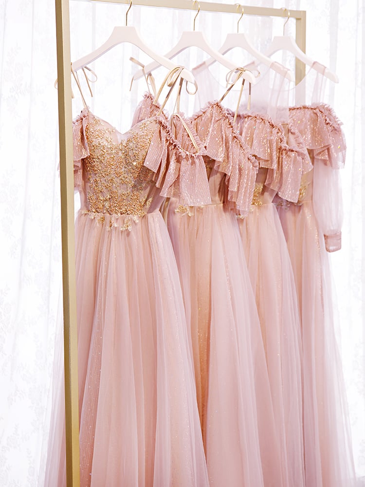 Pink tulle lace long prom dress evening dress