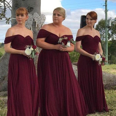 Elegant off the shoulder burgundy chiffon long bridesmaid dresses under 100 - Thumbnail 5