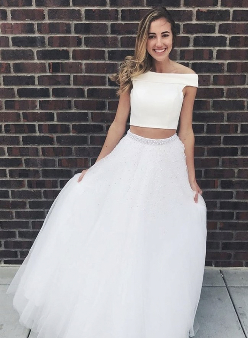 White two pieces tulle long prom dress evening dress