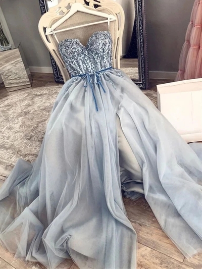 A-Line Sweetheart Blue Tulle Long Prom Dresses with Beading Slit