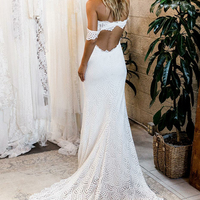 Mermaid Off-the-Shoulder Open Back Ivory Split Lace Wedding Dress - Thumbnail 1