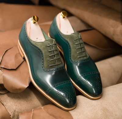 Handmade Green Shoes, Men's Formal Cap Toe Leather Suede Shoes