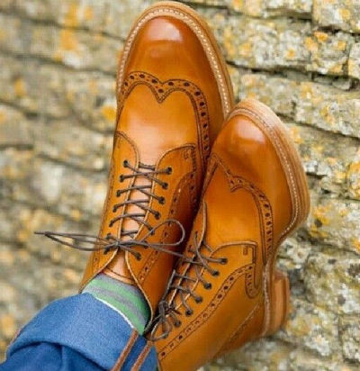 New Handmade Brown Wingtip Leather Lace Up Formal Shoes