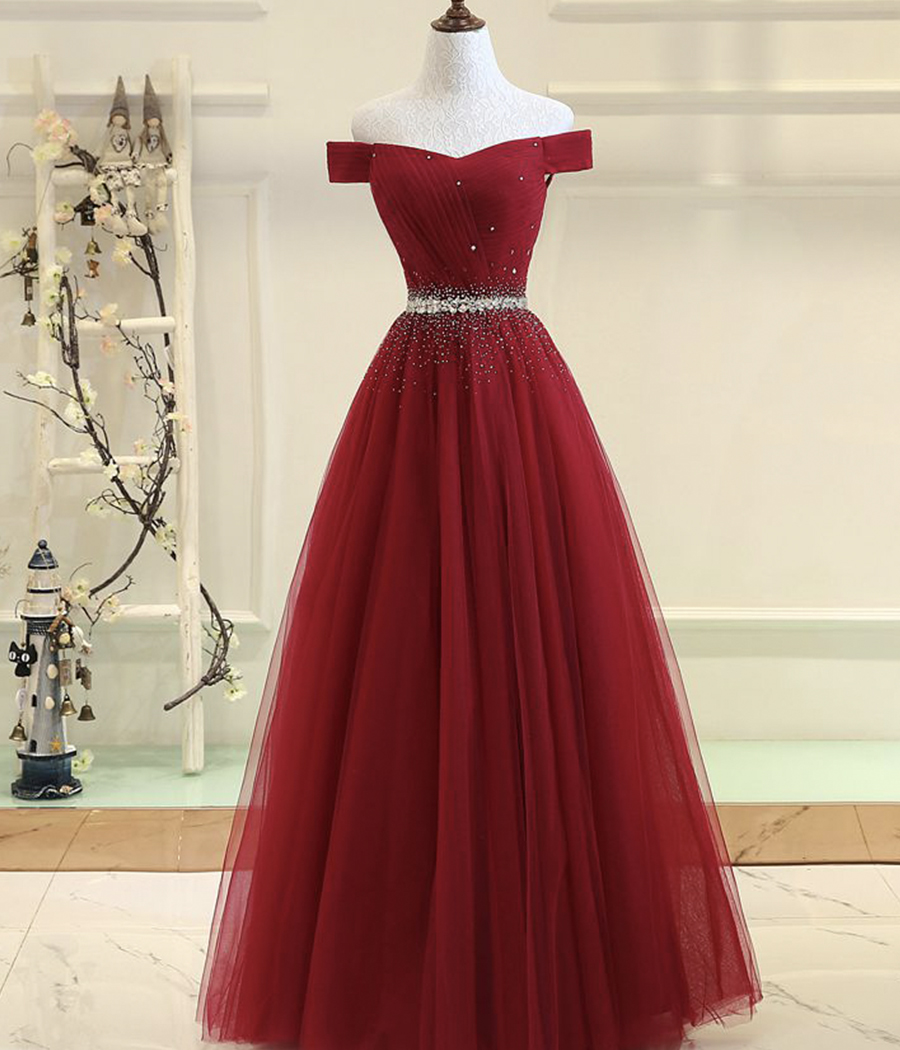 Burgundy tulle long ball dress