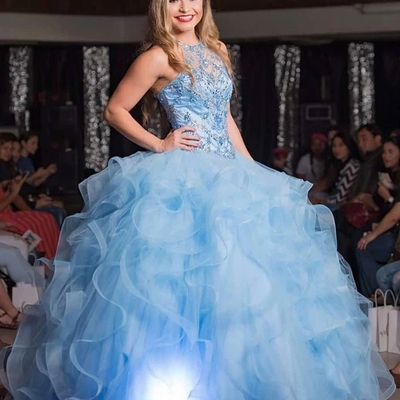 Jewel neck tulle ball gown quinceanera dresses with beads - Thumbnail 3