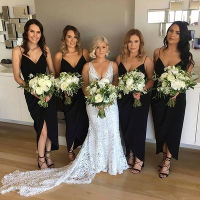 Elegant sheath v neck spaghetti straps black bridesmaid dresses under 100, split bridesmaid gowns - Thumbnail 3