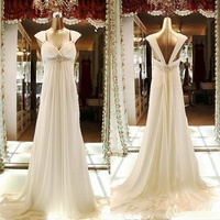 Sweetheart Empire Waist Low Back Chiffon Beaded Ivory Prom Dress Evening Dresses with Cap Sleeves,552 - Thumbnail 1